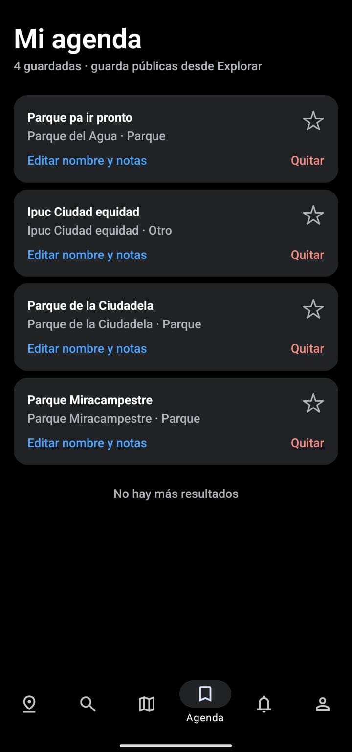 Pantalla de mi agenda con los lugares guardados